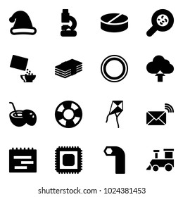 Solid vector icon set - christmas hat vector, lab, pill, bacteria, cereal, dollar, prohibition road sign, upload cloud, coconut cocktail, lifebuoy, kite, wireless mail, terms plan, cpu, allen key