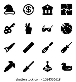 Solid vector icon set - christmas hat vector, dollar exchange, bank, puzzle, key, victory, sunglasses, ball, saw, level, chisel, screwdriver, screw, clinch, wirligig toy, duck