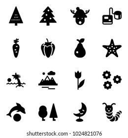 Solid vector icon set - christmas tree vector, deer hat, tonometer, carrot, sweet pepper, pear, starfish, palm, mountains, tulip, flower, dolphin, forest, moon lamp, toy caterpillar