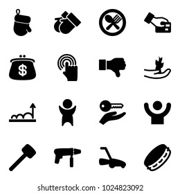 Solid vector icon set - christmas glove vector, gloves, fork spoon plate, card pay, purse, hand cursor, dislike, sproute, growth, success, key, rubber hammer, drill machine, lawn mower, tambourine