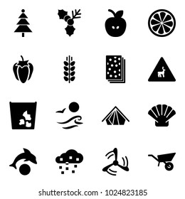 Solid vector icon set - christmas tree vector, holly, apple, lemon slice, sweet pepper, spica, breads, wild animals road sign, garbage, waves, tent, shell, dolphin, snow, wind mill, wheelbarrow