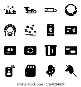 Solid vector icon set - christmas landscape vector, sleigh, wreath, sale, mobile payment, tap pay, credit card, exchange, atm, envelope, identity, micro flash, chicken toy, unicorn stick