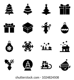 Solid vector icon set - christmas tree vector, gift, santa claus, ball, snowflake, landscape, house, holly, snowball, sleigh, elf