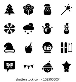 Solid vector icon set - christmas tree vector, gift, santa claus, Magic wand, snowflake, snowfall, snowman, hat, champagne, snowball house, ski, bow message, flag garland, elf, star medal