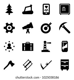 Solid vector icon set - christmas tree vector, treadmill, mobile heart monitor, safe, gear, telescope, target, rock axe, star man, suitcase, lighthouse, drink, bucksaw, scythe, tool cabinet