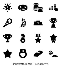 Solid vector icon set - christmas star vector, coin, money torch, golden branch, pedestal, win cup, gold, medal, finger ring, constructor blocks