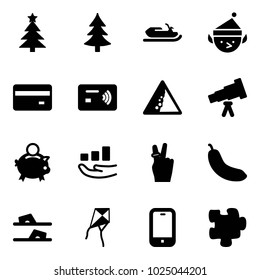 Solid vector icon set - christmas tree vector, snowmobile, elf, credit card, tap pay, landslide road sign, telescope, piggy bank, growth, victory, banana, flip flops, kite, mobile phone, puzzle