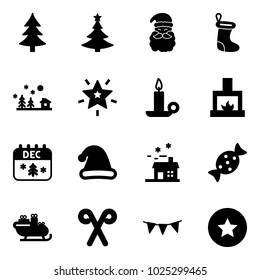 Solid vector icon set - christmas tree vector, santa claus, sock, landscape, star, candle, fireplace, calendar, hat, house, candy, sleigh, stick, flag garland, medal