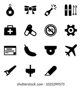Solid vector icon set - christmas ball vector, bow, champagne, ski, doctor bag, pills, end minimal speed limit road sign, gear, schedule, banana, surveillance camera, plane, saw, crown drill