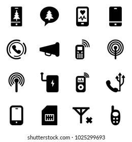 Solid vector icon set - christmas mobile vector, merry message, heart monitor, phone, horn, speaker, antenna, power bank, music player, sim, no signal, toy