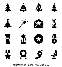 Solid vector icon set - christmas tree vector, Magic wand, star letter, award, medal, flying man, moon lamp