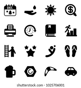 Solid vector icon set - christmas calendar vector, drop hand, sun, money click, printer, clock around, book, career, opportunity, stars, flying man, flip flops, beer, nut, boomerang, car
