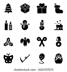 Solid vector icon set - christmas tree vector, gift, sock, candle, snowman, house, holly, angel, santa stick, star medal, butterfly, scythe, balloon smile, russian doll
