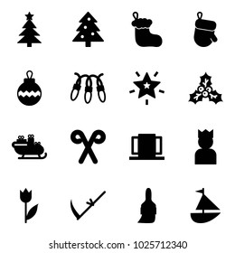 Solid vector icon set - christmas tree vector, sock, glove, ball, garland, star, holly, santa sleigh, stick, doors, king, tulip, scythe, brush, sailboat toy