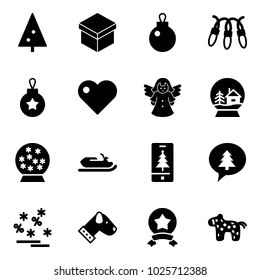 Solid vector icon set - christmas tree vector, gift, garland, ball, heart, angel, snowball house, snowmobile, mobile, merry message, sale, dog, star medal, toy horse