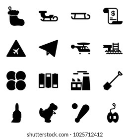 Solid vector icon set - christmas sock vector, sleigh, account history, airport road sign, paper fly, helicopter, pool, atom core, battery, plant, shovel, brush, dinosaur toy, baseball bat, yoyo