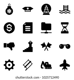 Solid vector icon set - christmas ball vector, candy, snowball tree, pool, dollar coin, document, network folder, sand clock, dislike, success, flags cross, sunglasses, gear, bucksaw, excavator toy