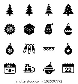 Solid vector icon set - christmas tree vector, firework, gift, santa claus, ball, garland, calendar, sleigh, elf