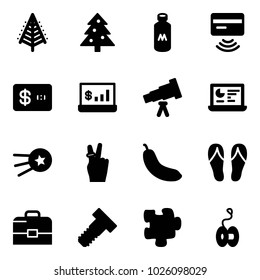 Solid vector icon set - christmas tree vector, milk, tap pay, credit card, account statistics, telescope, monitor, first satellite, victory, banana, flip flops, case, bolt, puzzle, yoyo