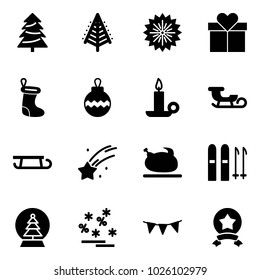 Solid vector icon set - christmas tree vector, firework, gift, sock, ball, candle, sleigh, falling star, turkey, ski, snowball, sale, flag garland, medal