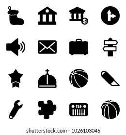 Solid vector icon set - christmas sock vector, bank, account, only forward right road sign, volume medium, mail, case, signpost, star medal, crown, ball, work knife, wrench, puzzle, toy piano