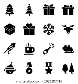 Solid vector icon set - christmas tree vector, gift, snowflake, deer, firework rocket, tea, champagne, santa sleigh, elf, star medal, forest