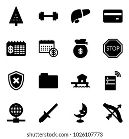 Solid vector icon set - christmas tree vector, barbell, liver, credit card, finance calendar, money bag, stop road sign, shield cross, folder, bungalow, server wireless, globe, clinch, moon lamp