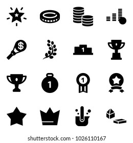 Solid vector icon set - christmas star vector, coin, money torch, golden branch, pedestal, win cup, gold, medal, crown, casting of steel, constructor blocks