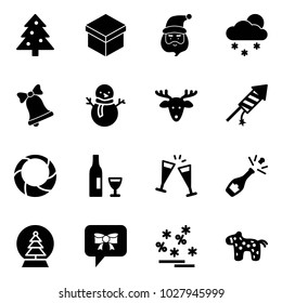 Solid vector icon set - christmas tree vector, gift, santa claus, snowfall, bell, snowman, deer, firework rocket, wreath, wine, glasses, champagne, snowball, bow message, sale, toy horse