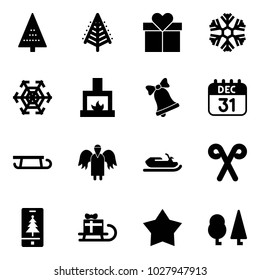 Solid vector icon set - christmas tree vector, gift, snowflake, fireplace, bell, 31 dec calendar, sleigh, angel, snowmobile, santa stick, mobile, star medal, forest