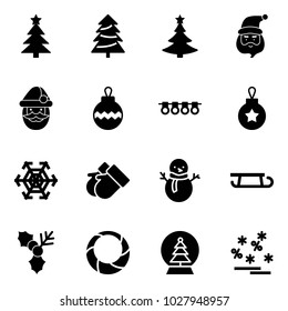 Solid vector icon set - christmas tree vector, santa claus, ball, garland, snowflake, gloves, snowman, sleigh, holly, wreath, snowball, sale