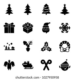 Solid vector icon set - christmas tree vector, gift, santa claus, snowflake, landscape, holly, wreath, angel, sleigh, stick, elf