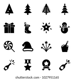 Solid vector icon set - christmas tree vector, gift, sock, star, snowman, lollipop, hat, firework, champagne, medal, fizz opening