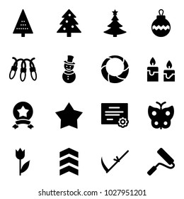 Solid vector icon set - christmas tree vector, ball, garland, snowman, wreath, candle, star medal, certificate, butterfly, tulip, chevron, scythe, paint roller