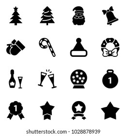 Solid vector icon set - christmas tree vector, santa claus, bell, gloves, lollipop, hat, wreath, wine, glasses, snowball, gold medal, star