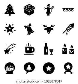 Solid vector icon set - christmas tree vector, gift, santa claus, garland, star, bell, deer, firework rocket, falling, tea, wine, candle, snowball house, merry message, medal