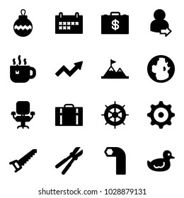 Solid vector icon set - christmas ball vector, schedule, money case, user login, hot tea, growth arrow, attainment, globe, office chair, suitcase, hand wheel, gear, saw, bolt cutter, allen key