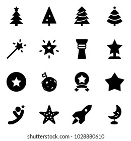 Solid vector icon set - christmas tree vector, Magic wand, star, award, medal, moon flag, flying man, starfish, rocket, lamp