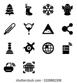 Solid vector icon set - christmas tree vector, sock, snowflake, angel, thermometer, bladder, steep descent road sign, share, chess queen, sea turtle, globe, server wireless, printer