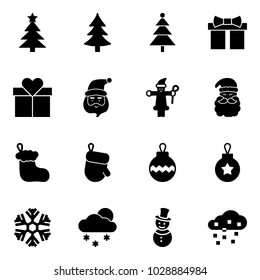 Solid vector icon set - christmas tree vector, gift, santa claus, sock, glove, ball, snowflake, snowfall, snowman, snow