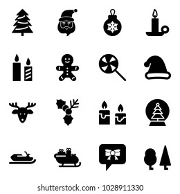 Solid vector icon set - christmas tree vector, santa claus, ball, candle, cake man, lollipop, hat, deer, holly, snowball, snowmobile, sleigh, bow message, forest