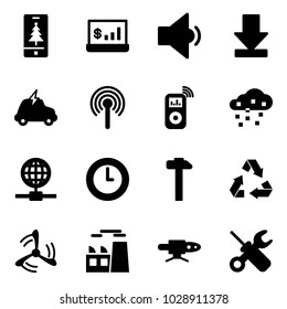 Solid vector icon set - christmas mobile vector, account statistics, low volume, download, electric car, antenna, music player, snow, globe, clock, hammer, recycling, wind mill, plant, pipe welding