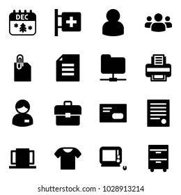 Solid vector icon set - christmas calendar vector, first aid room, user, group, attachment, document, network folder, printer, manager, portfolio, envelope, agreement, doors, t shirt, monoblock pc