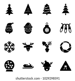 Solid vector icon set - christmas tree vector, santa claus, ball, garland, snowflake, deer, holly, wreath, snowball, snowmobile, hat, slippery road sign