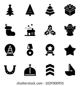 Solid vector icon set - christmas tree vector, gift, sock, house, holly, angel, snowball, star medal, luck, crown, chevron, sailboat toy