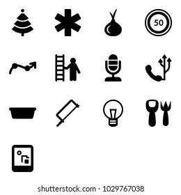 Solid vector icon set - christmas tree vector, ambulance star, onion, speed limit 50 road sign, chart point arrow, opportunity, microphone, phone, basin, metal hacksaw, bulb, shovel fork toy