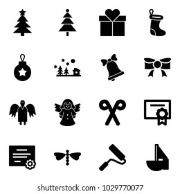 Solid vector icon set - christmas tree vector, gift, sock, ball, landscape, bell, bow, angel, santa stick, certificate, dragonfly, paint roller, sailboat toy
