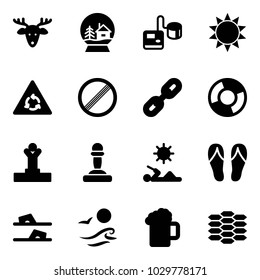 Solid vector icon set - christmas deer vector, snowball house, tonometer, sun, round motion road sign, no limit, link, circle chart, winner, pawn, reading, flip flops, waves, beer, carbon