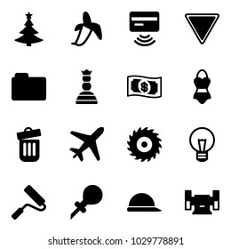Solid vector icon set - christmas tree vector, banana, tap pay, giving way road sign, folder, chess queen, money, swimsuit, trash bin, plane, saw disk, bulb, paint roller, oiler, construction helmet