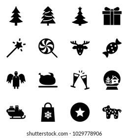 Solid vector icon set - christmas tree vector, gift, Magic wand, lollipop, deer, candy, angel, turkey, wine glasses, snowball house, santa sleigh, shop bag snowflake, star medal, toy horse